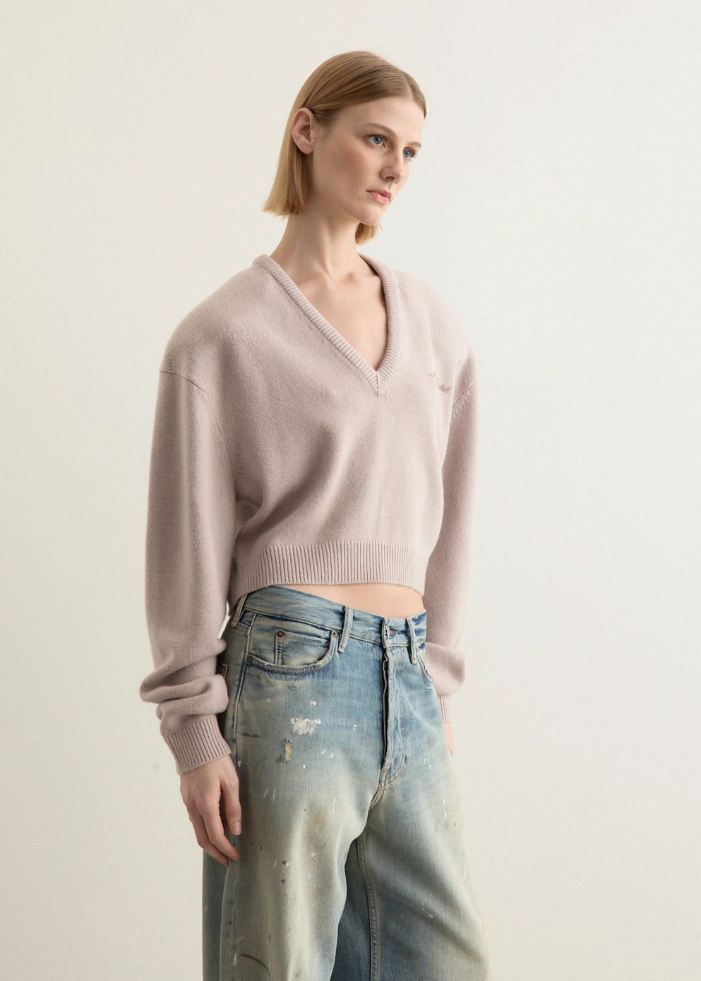 Wool V-Neck Sweater Knit Reinforced Edges