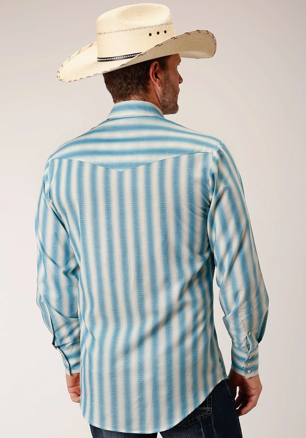 Monochrome Palette Soft Touch Roper Mens 55/45 Ombre Stripe Aqua/Cream Cotton Blend L/S Shirt