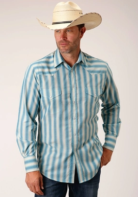 Roper Mens 55/45 Ombre Stripe Aqua/Cream Cotton Blend L/S Shirt Winter Fashion