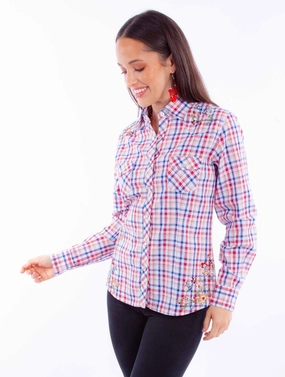 Scully Womens Yarn Dyed Check Red/White/Blue 100% Cotton L/S Blouse Lace Accent