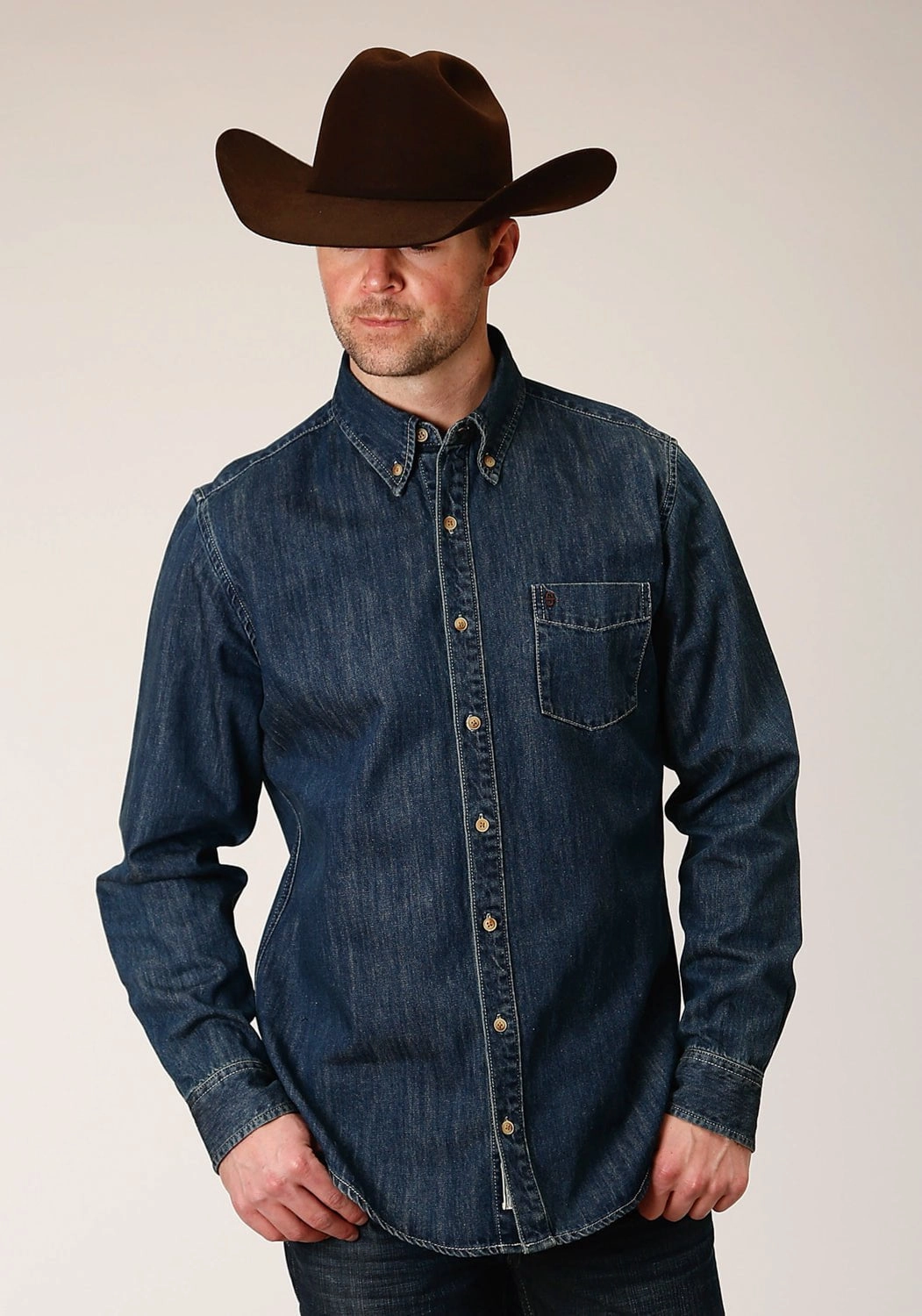 Stetson Mens Medium Blue 100% Cotton Denim BD L/S Shirt Subtle Details