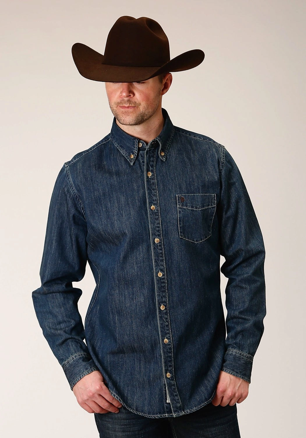 Abrasion Resistant Edges Stetson Mens Medium Blue 100% Cotton Denim BD L/S Shirt