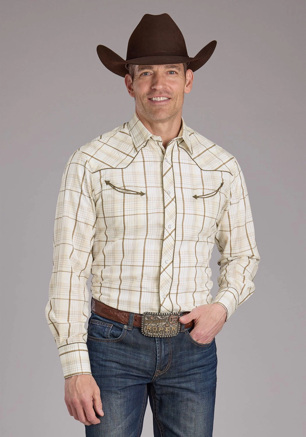 Comfortable Wear Roper Mens Tall Neutral Plaid Tan Cotton Blend Bronc Rider L/S Shirt