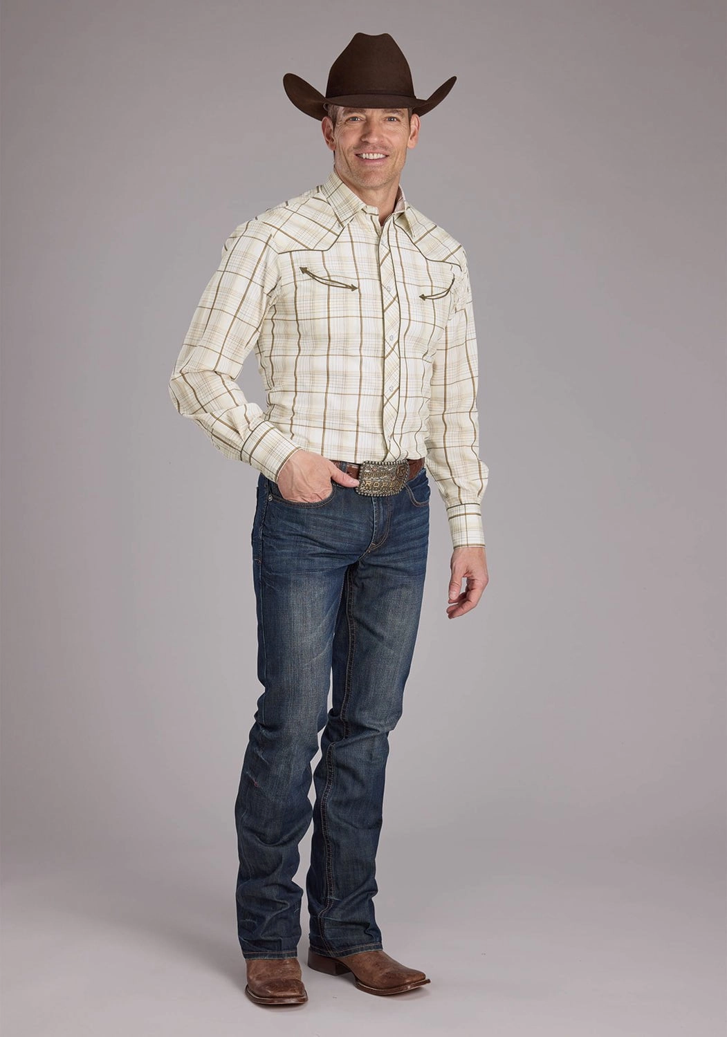 Winter Essentials Roper Mens Tall Neutral Plaid Tan Cotton Blend Bronc Rider L/S Shirt