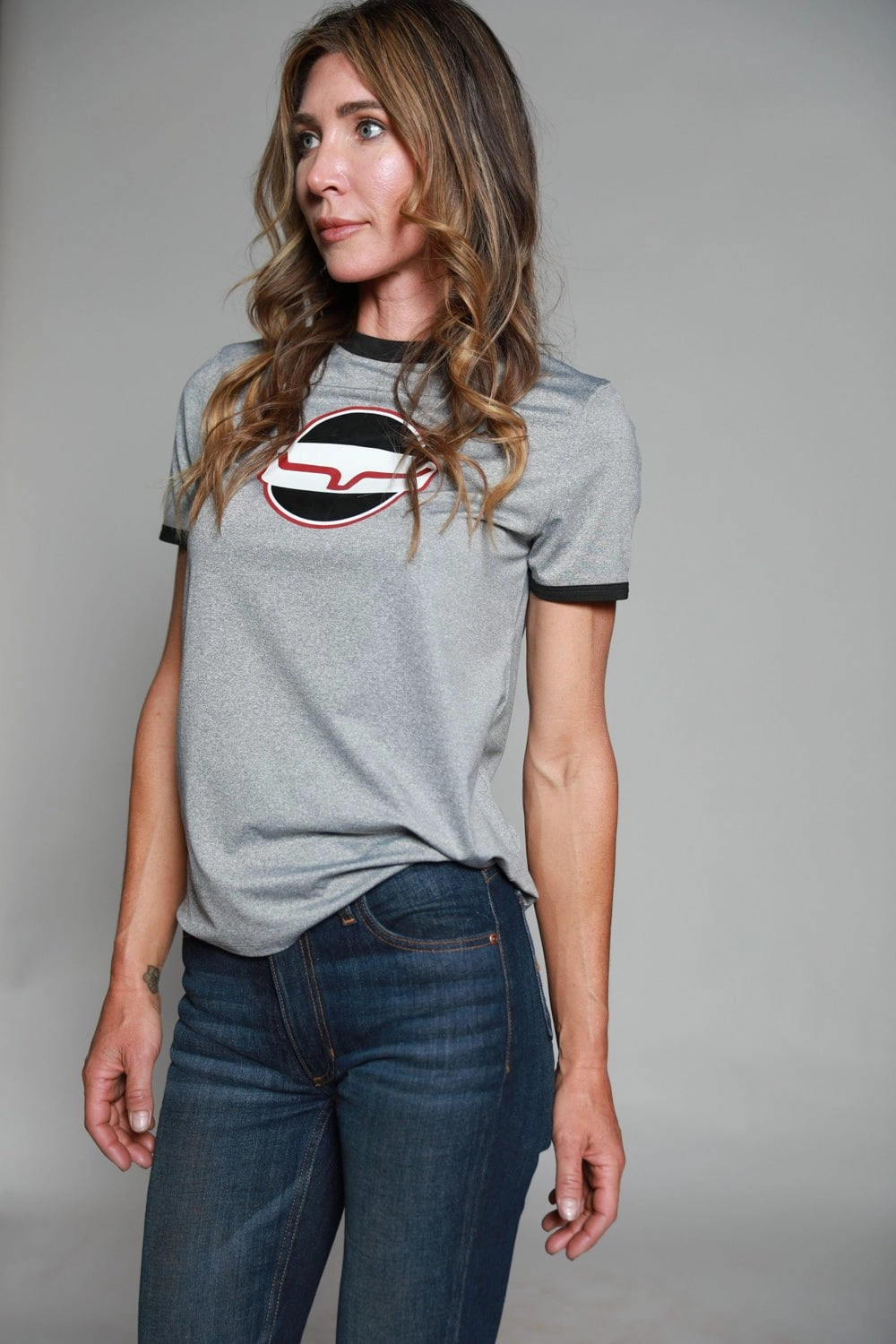 No Chafe Edging Kimes Ranch Womens Union Made Ringer Tee Grey Polyester S/S T-Shirt