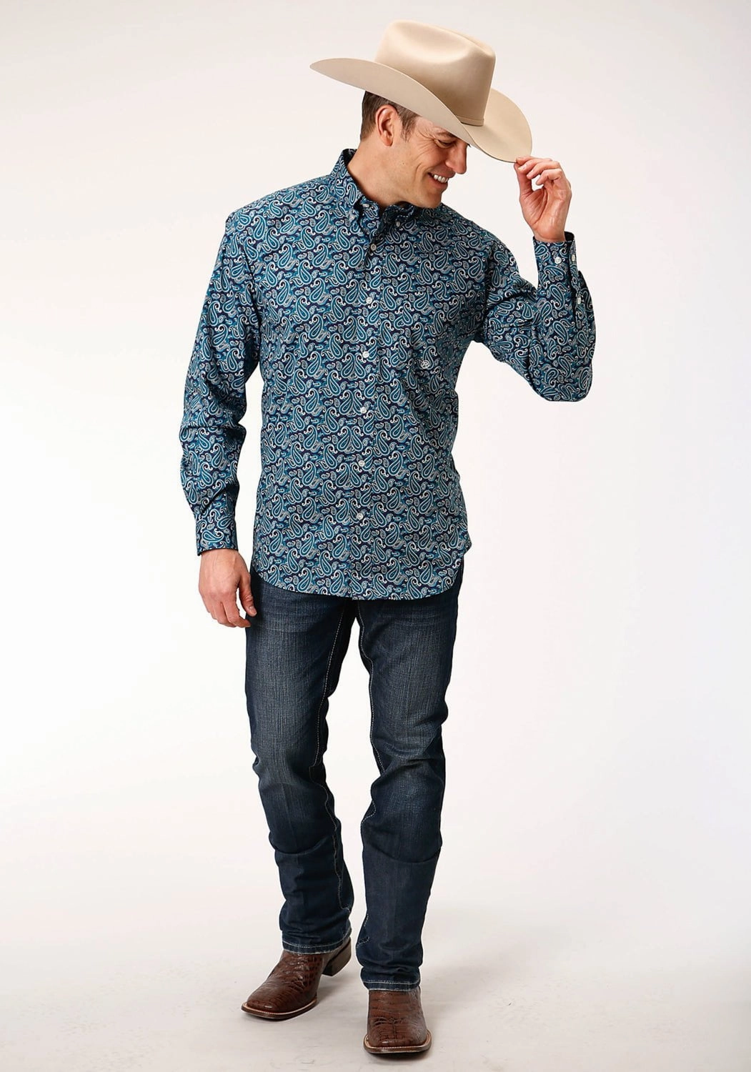 Roper Mens Teal 100% Cotton Purple Sage Paisley BD L/S 1 Pkt Shirt Night Out