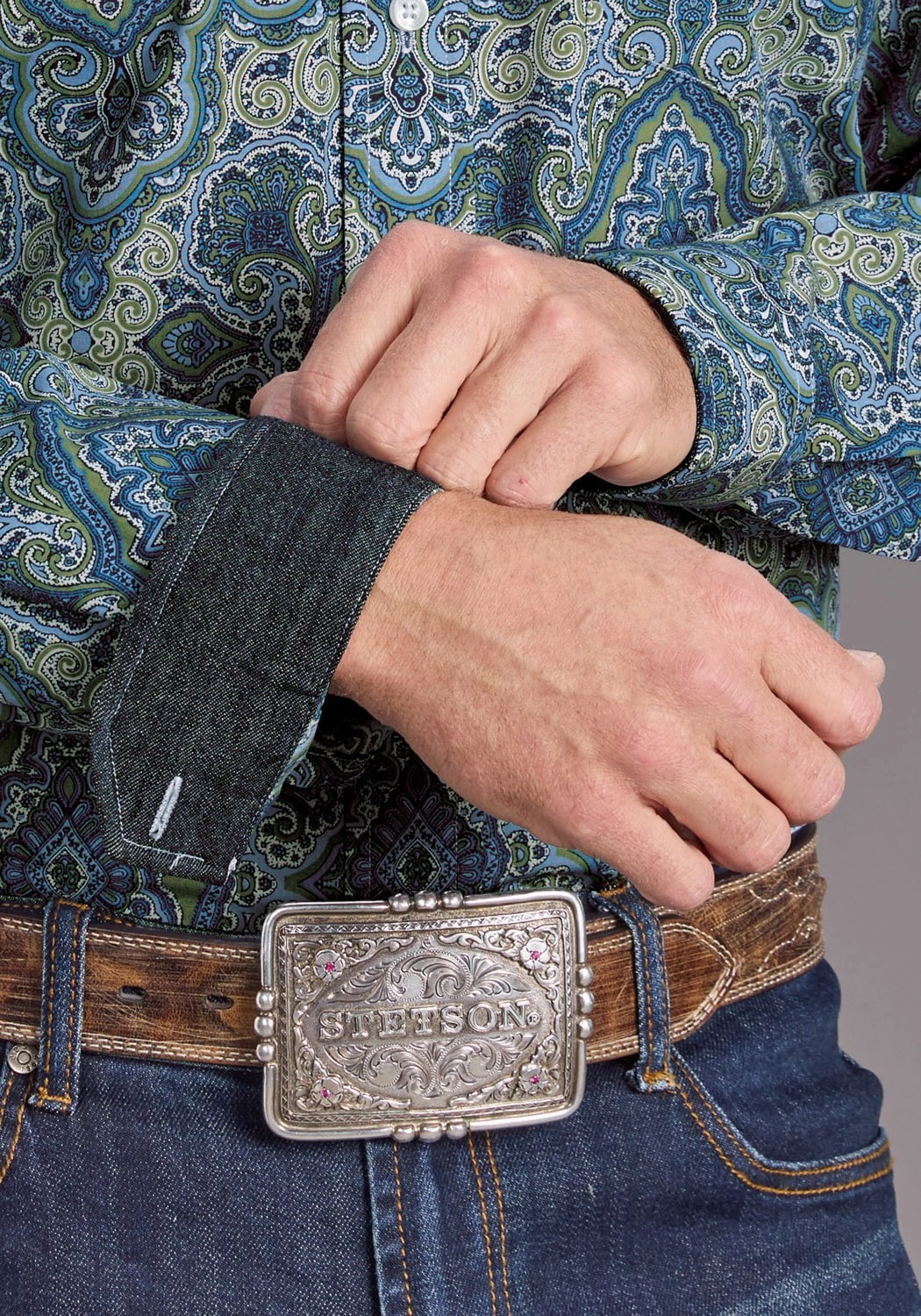 Stetson Mens 2389 Marble Paisley Blue 100% Cotton 1 Pkt L/S Shirt stain resistant coating Sleeveless Cut