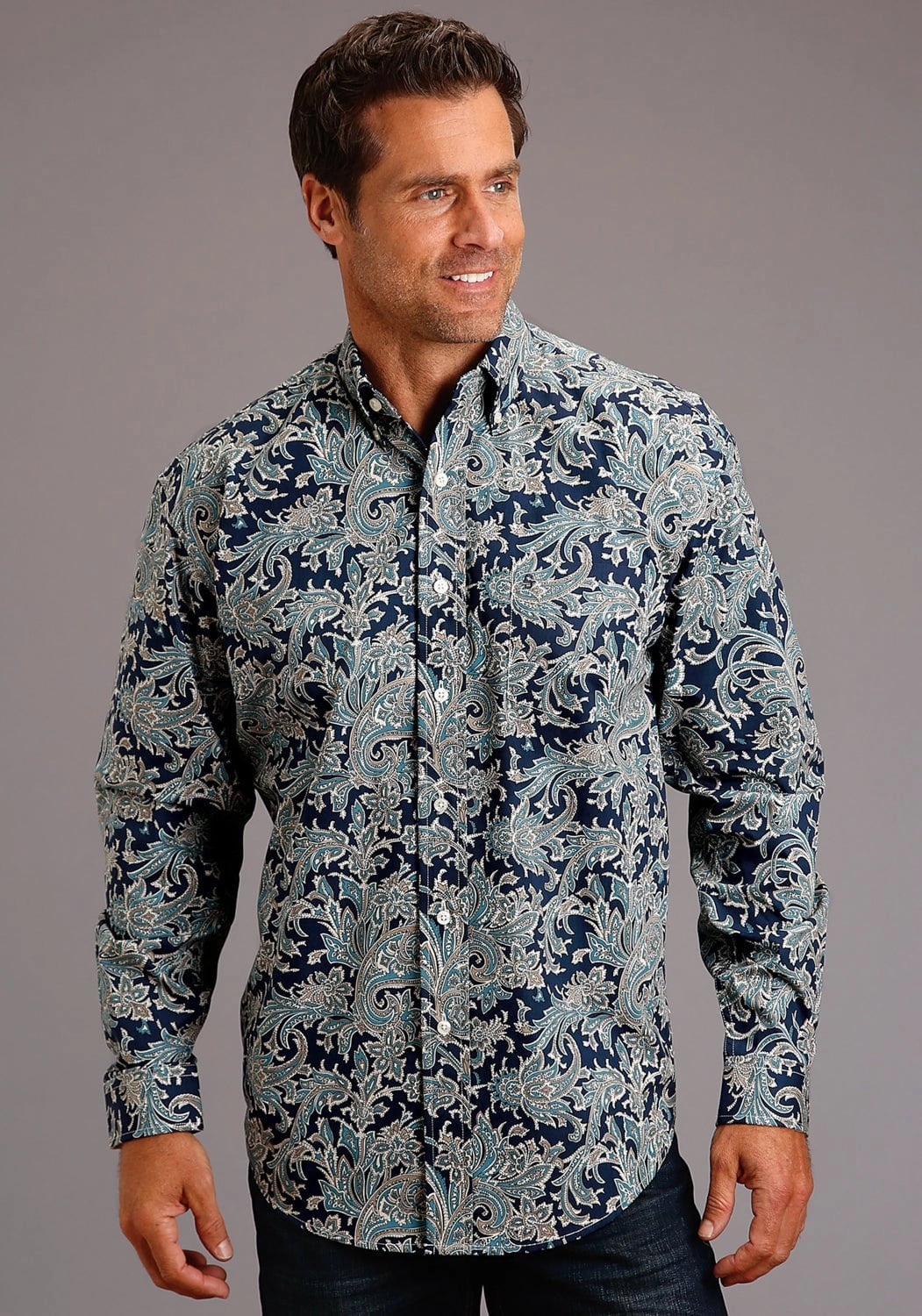Stetson Mens Blue 100% Cotton Deep Marine Paisley BD L/S 1 Pocket Shirt Festival Fashion