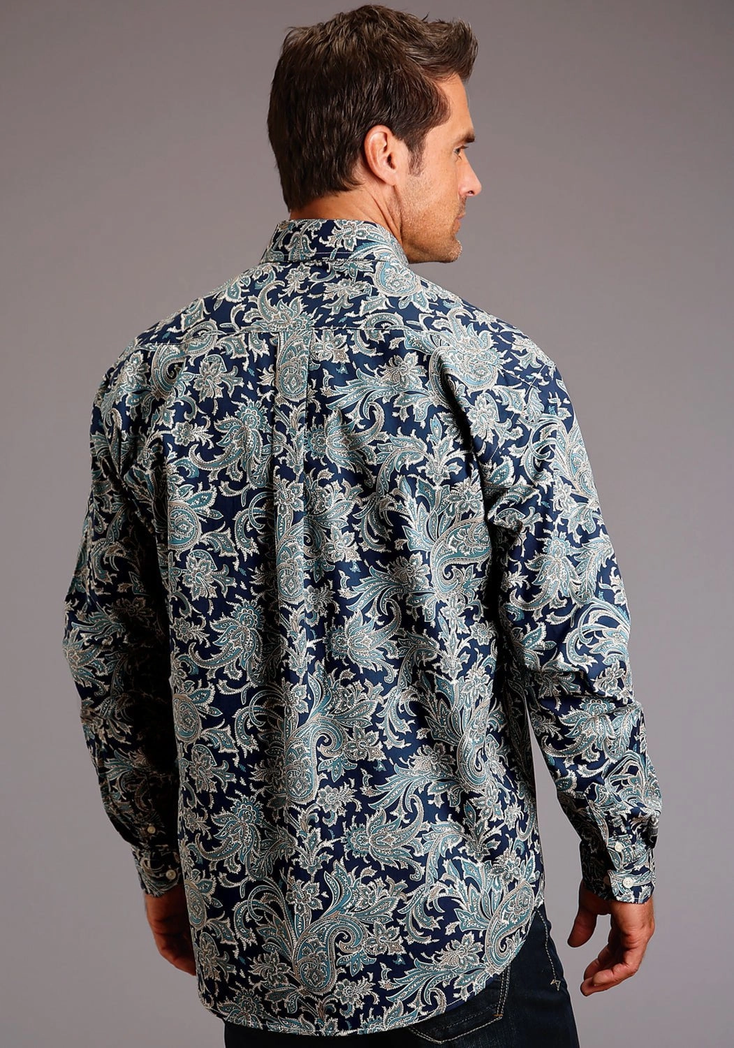 Stetson Mens Blue 100% Cotton Deep Marine Paisley BD L/S 1 Pocket Shirt Geometric Print Pastel Shade