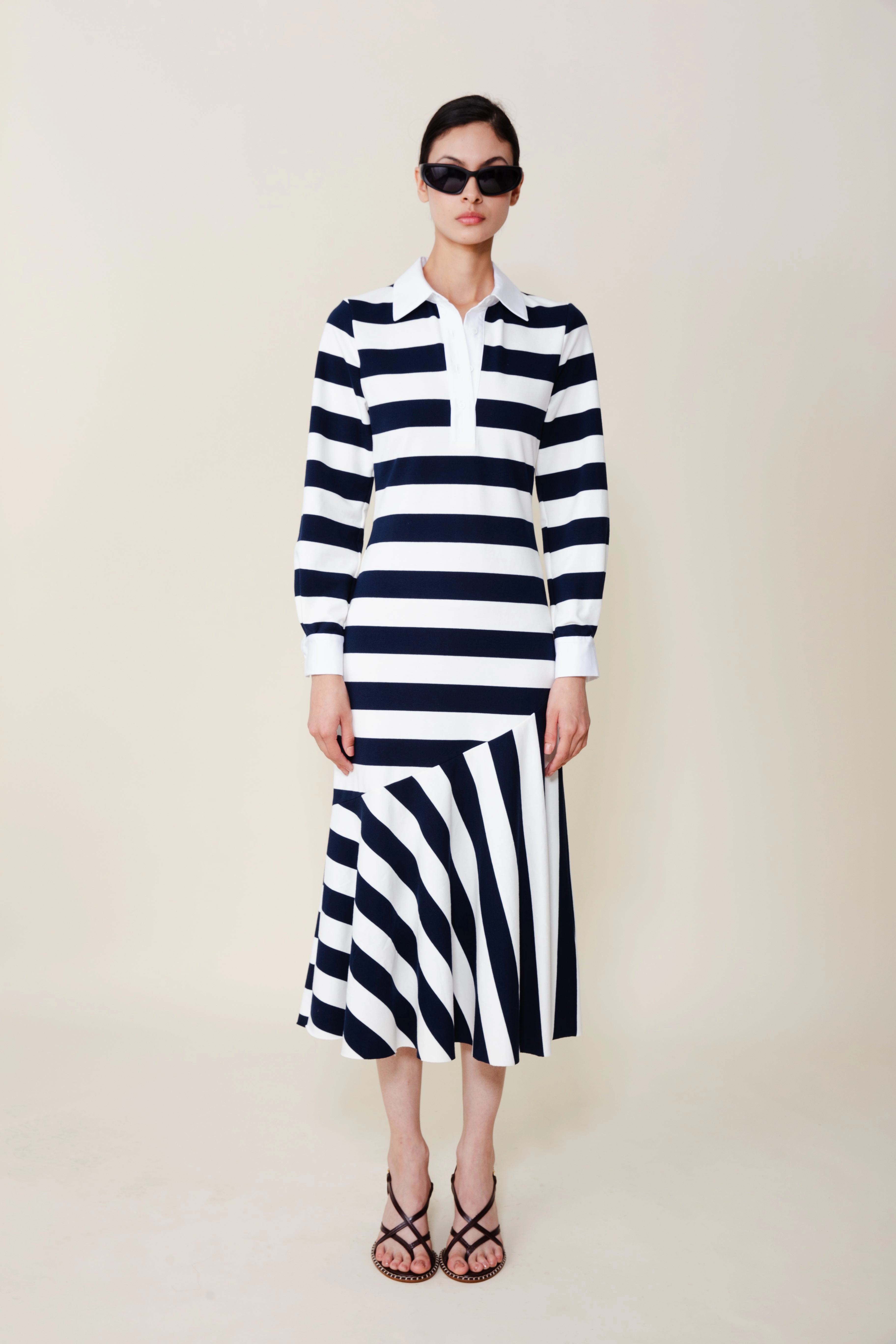 Senna Polo Dress in Navy/White Stripe High Neck