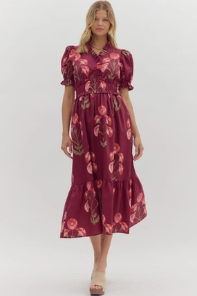 Felicity Floral Puff Sleeve Midi Dress Boxy-Style Art Soul