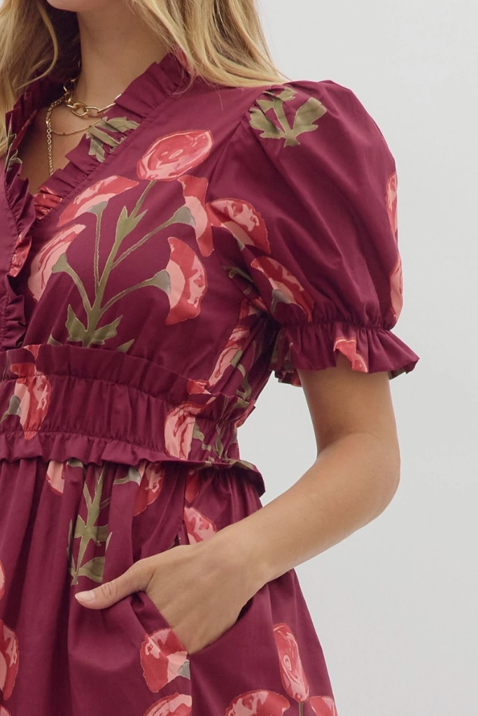 Felicity Floral Puff Sleeve Midi Dress Stretch-Recovery Vibrant Edge