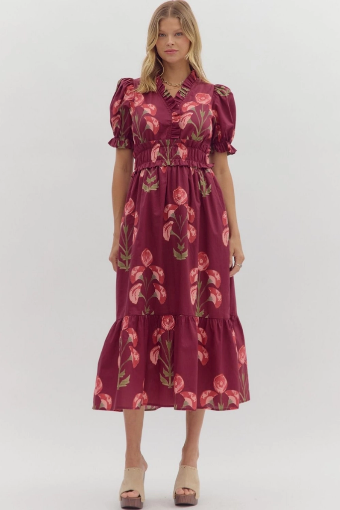 Blue Sky Felicity Floral Puff Sleeve Midi Dress