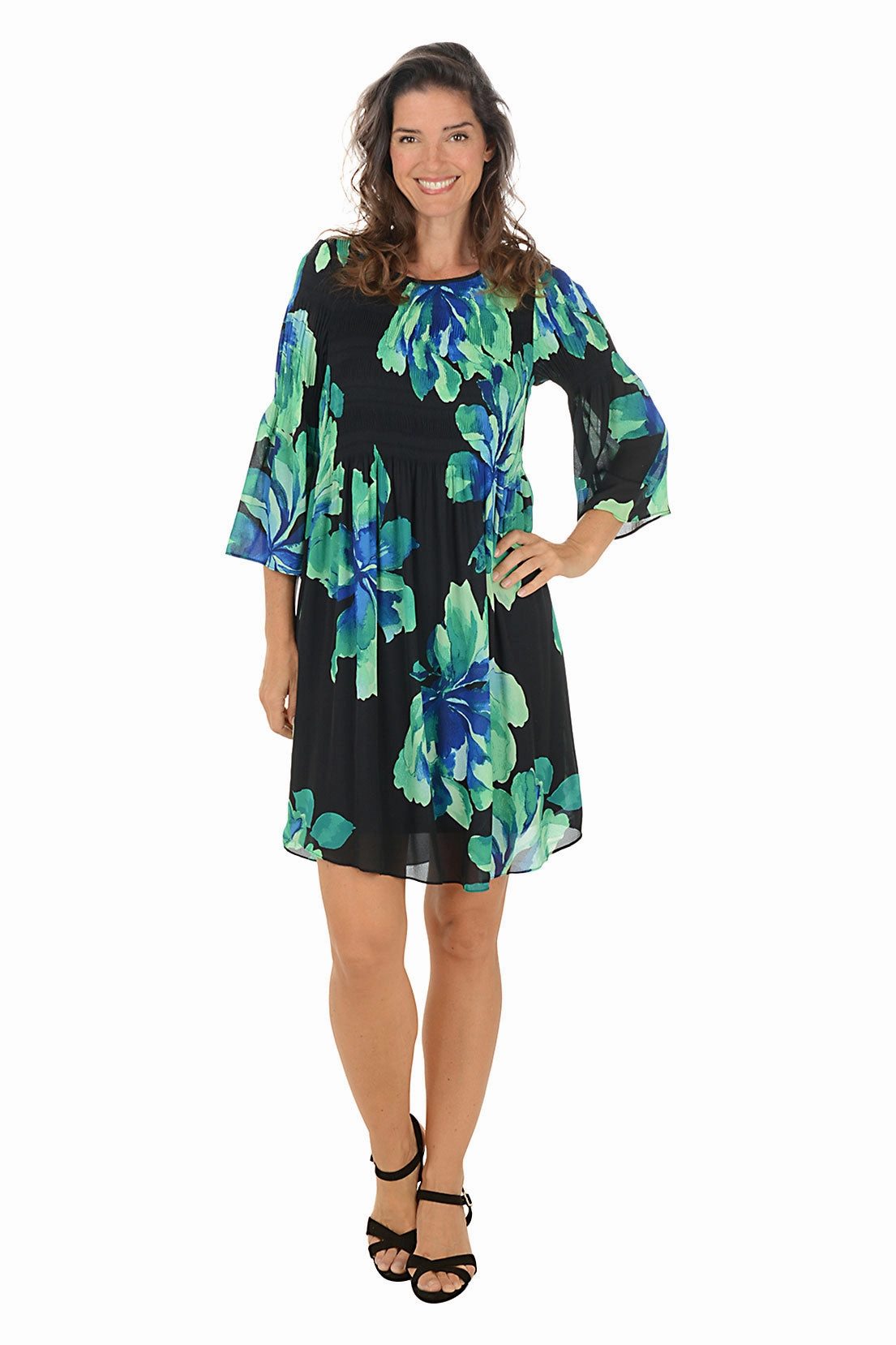 Green Blossoms Pleated Bell Sleeve Dress Nordic Calm Relax Tones