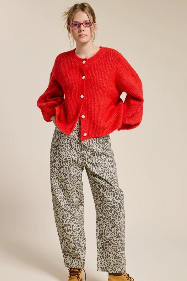 Cozy Fleece Balloon Sleeve Knit Cardigan - Scarlet