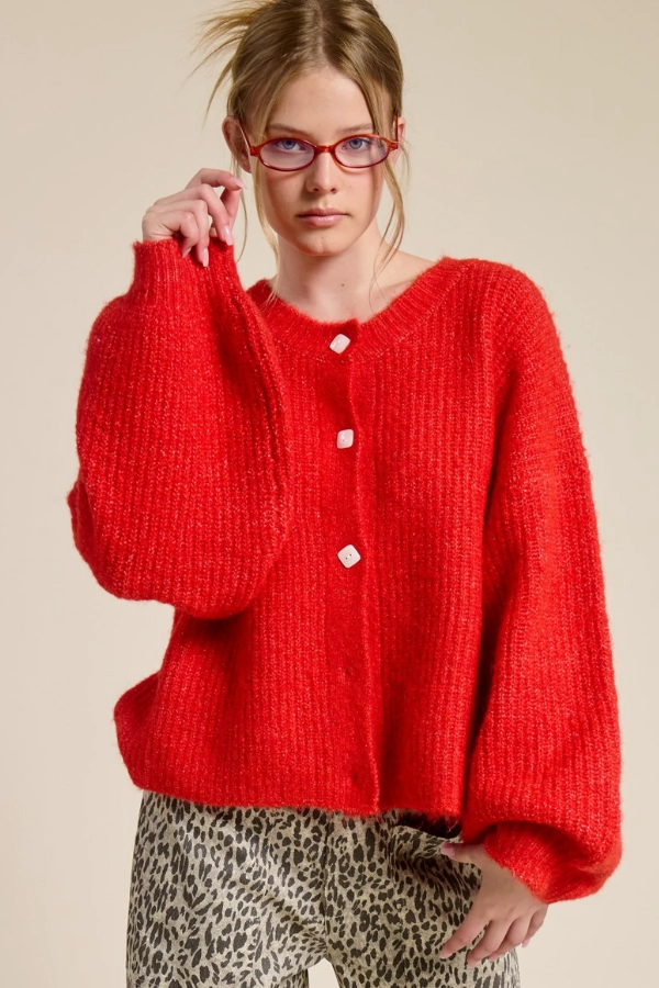 Chic Knit Sleek Design Balloon Sleeve Knit Cardigan - Scarlet