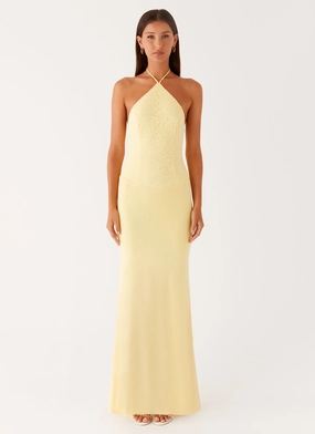 Fiesta Halter Maxi Dress - Sunny Yellow Glossy Detail Office Classic