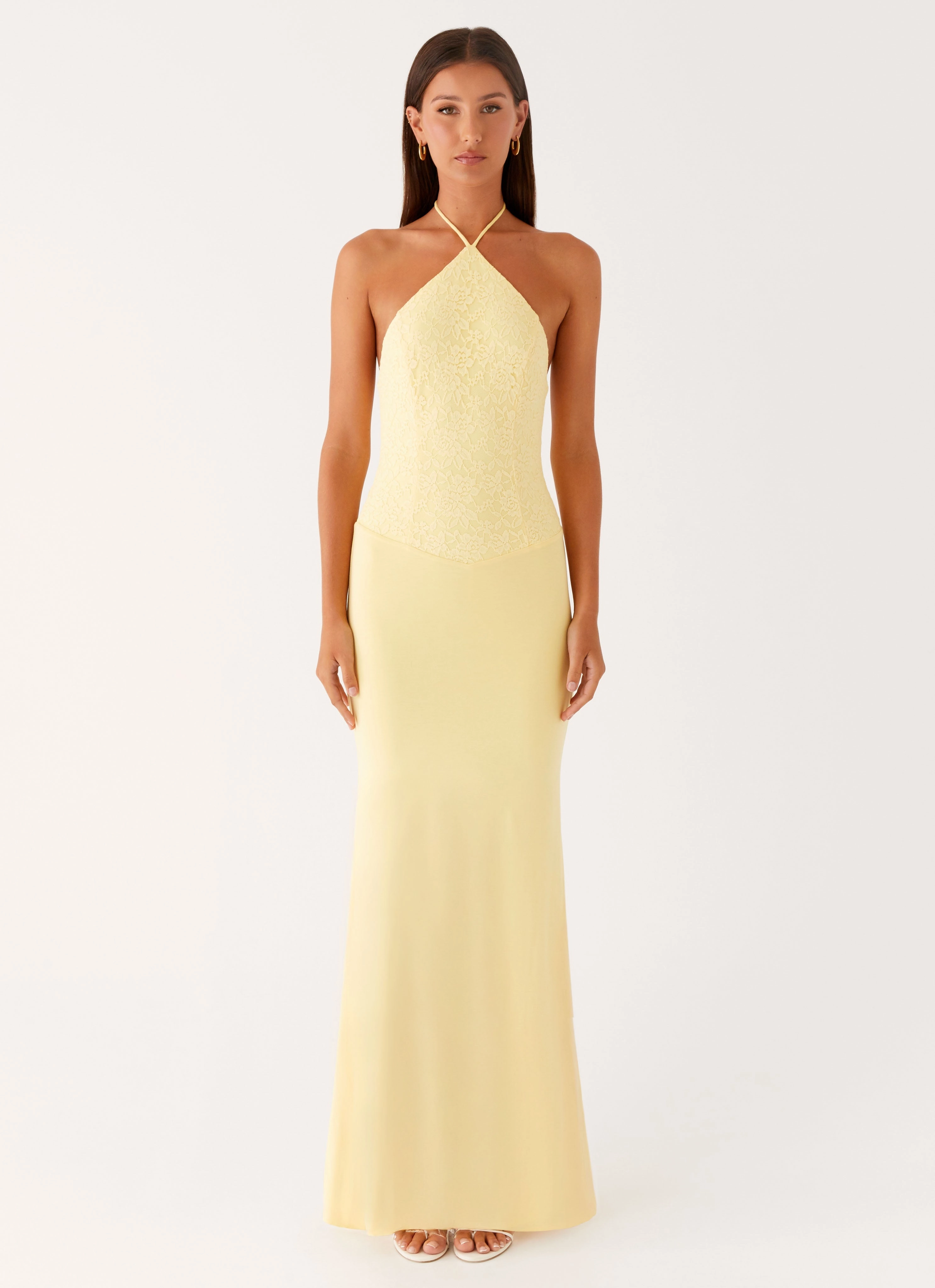 Fiesta Halter Maxi Dress - Sunny Yellow Glossy Detail Office Classic