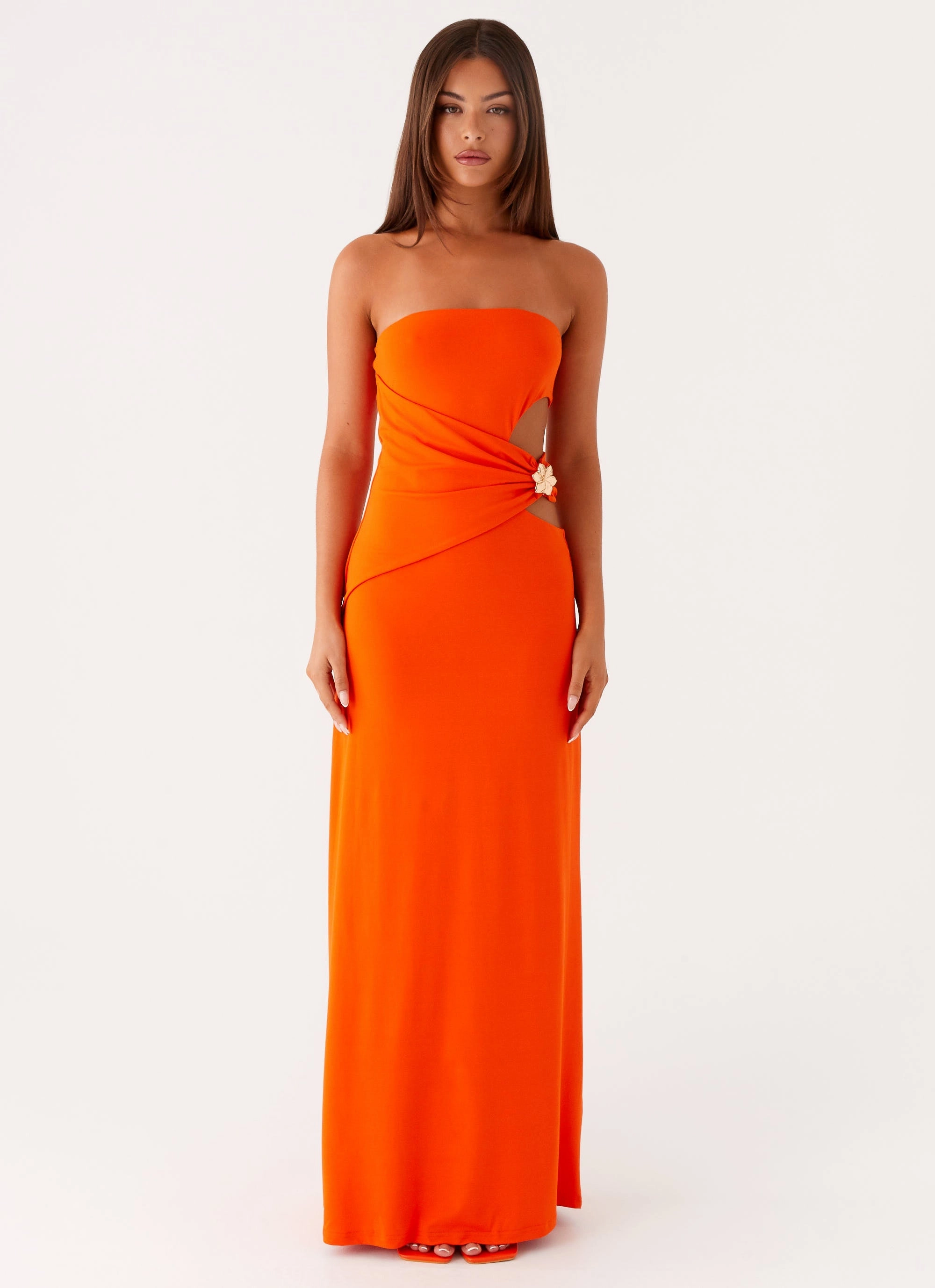Anetta Maxi Dress - Orange Elegant Fabric Floral Pattern