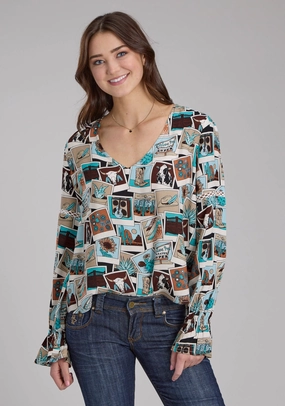 Roper Womens Photo Collage V-Neck Multi-Color 100% Rayon L/S Blouse Brunch Outfit Street Fashion