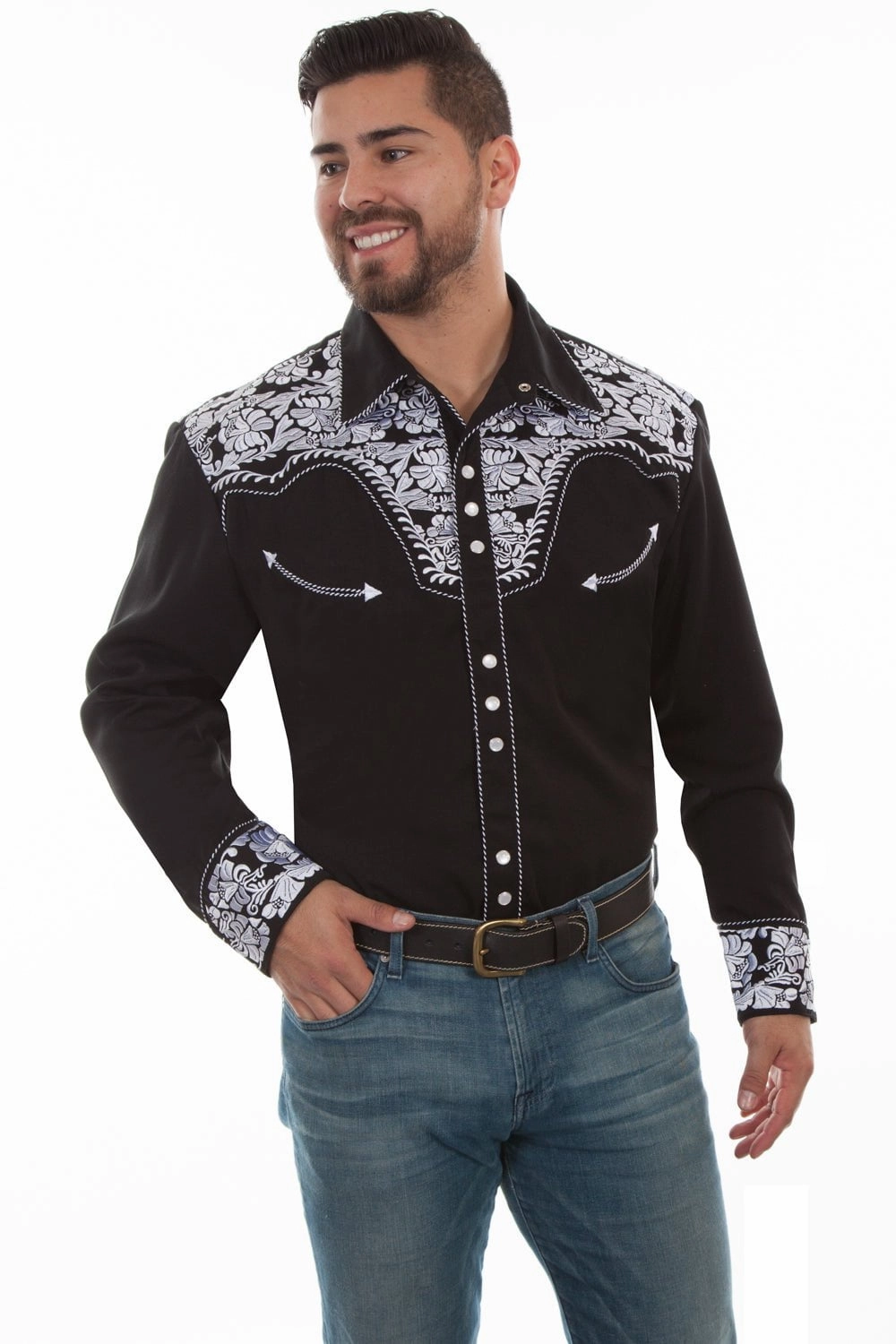 Party outfit Scully Mens Black/White Polyester Floral Tooled L/S Shirt
