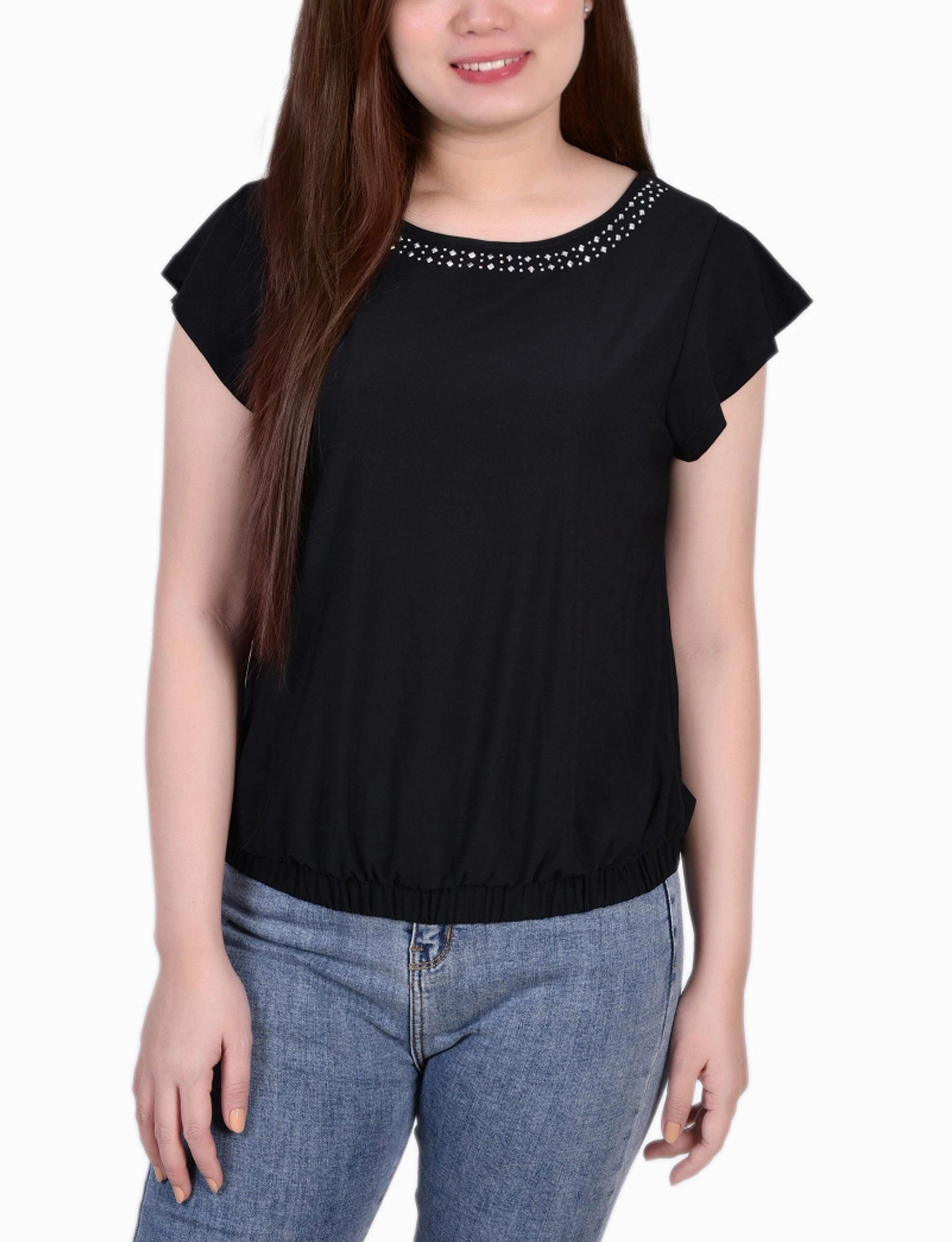 Non Irritating Edging Cool Layering Petite Short Flutter Sleeve Top With Studded Neckline