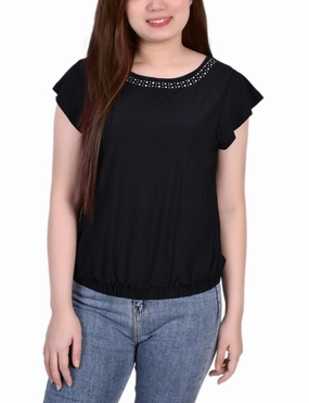 Street Layer Ribbed Structure Petite Short Flutter Sleeve Top With Studded Neckline