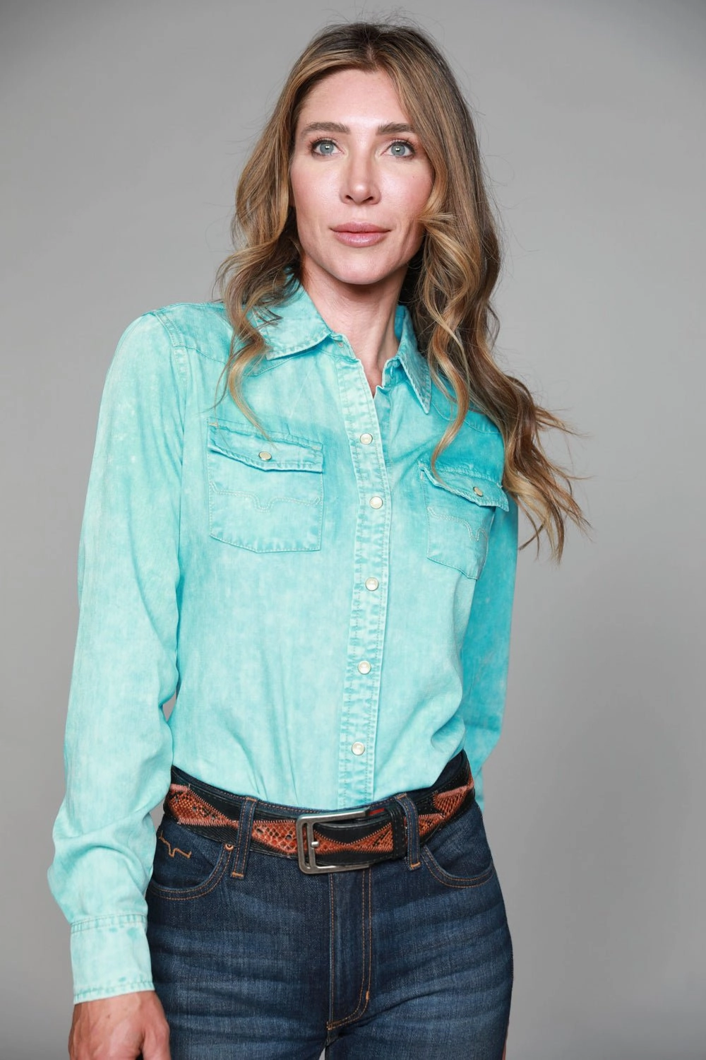 Sweat-Absorbing Roll-Up Sleeve Kimes Ranch Womens KC Top Turquoise 100% Tencel L/S Western Shirt