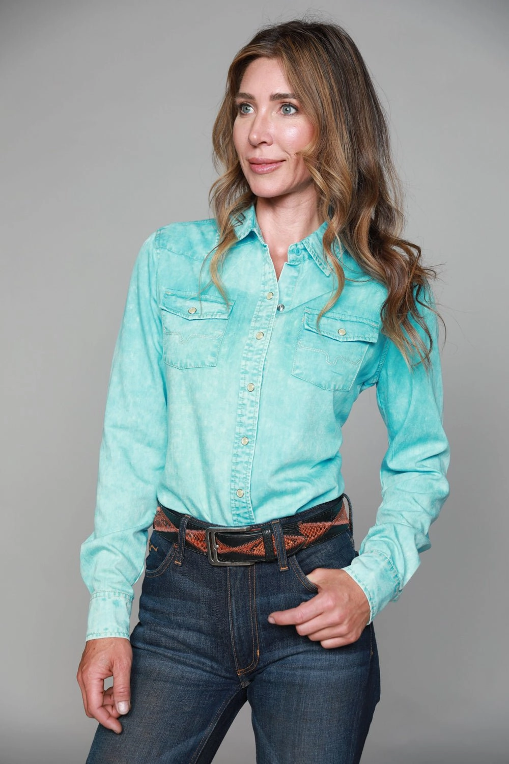 Kimes Ranch Womens KC Top Turquoise 100% Tencel L/S Western Shirt Classic Design Must-Have Item