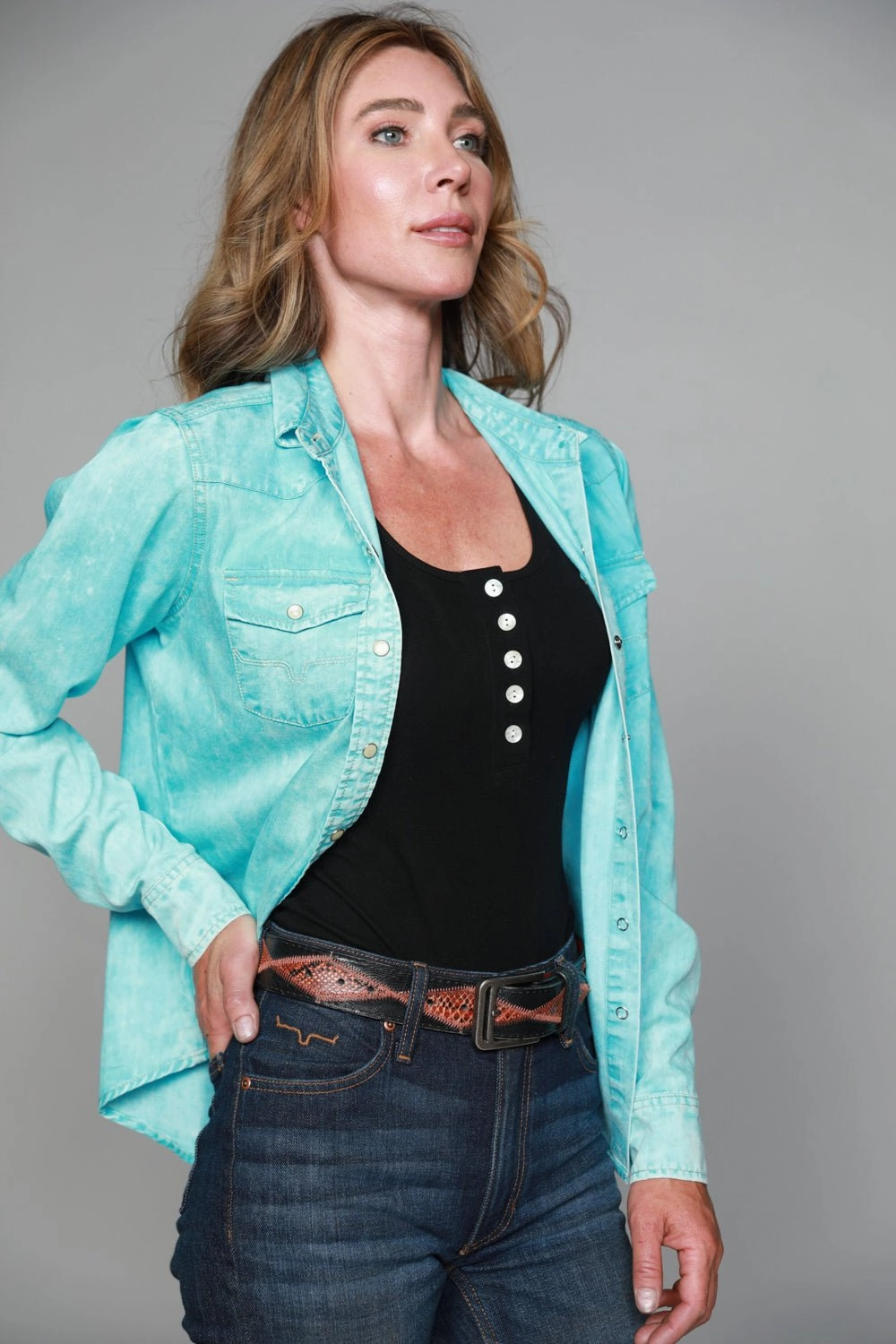 Kimes Ranch Womens KC Top Turquoise 100% Tencel L/S Western Shirt Abstract art Classic Color