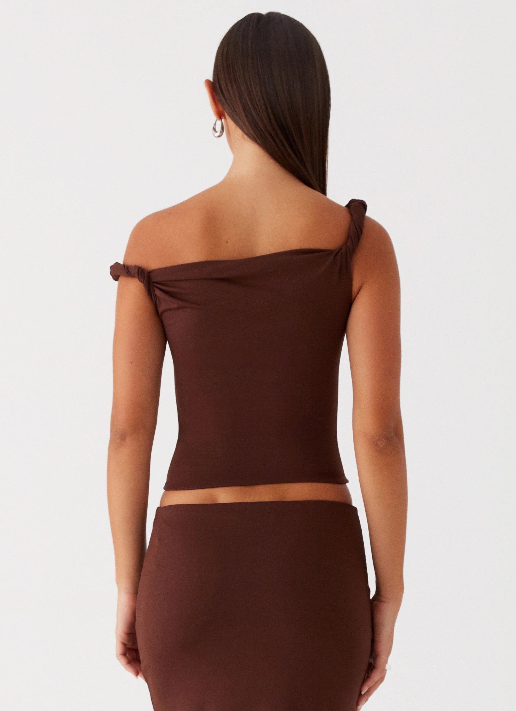 Solace Soul Twist Shoulder Top - Chocolate flared silhouette Elegant Feel