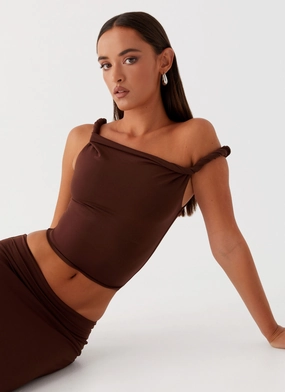 Solace Soul Twist Shoulder Top - Chocolate Editorial Look
