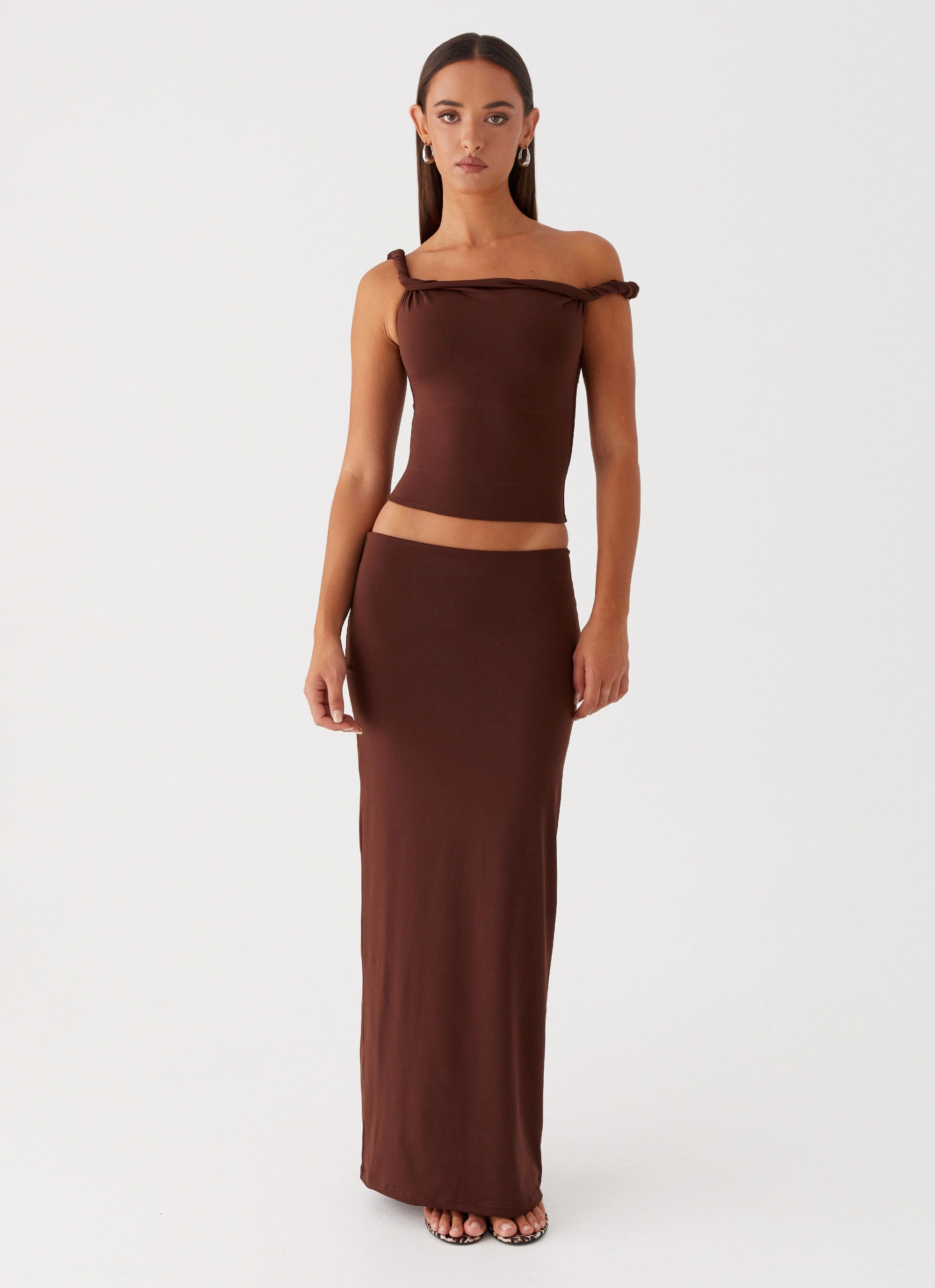 Velvet Finish Style Preview Solace Soul Twist Shoulder Top - Chocolate