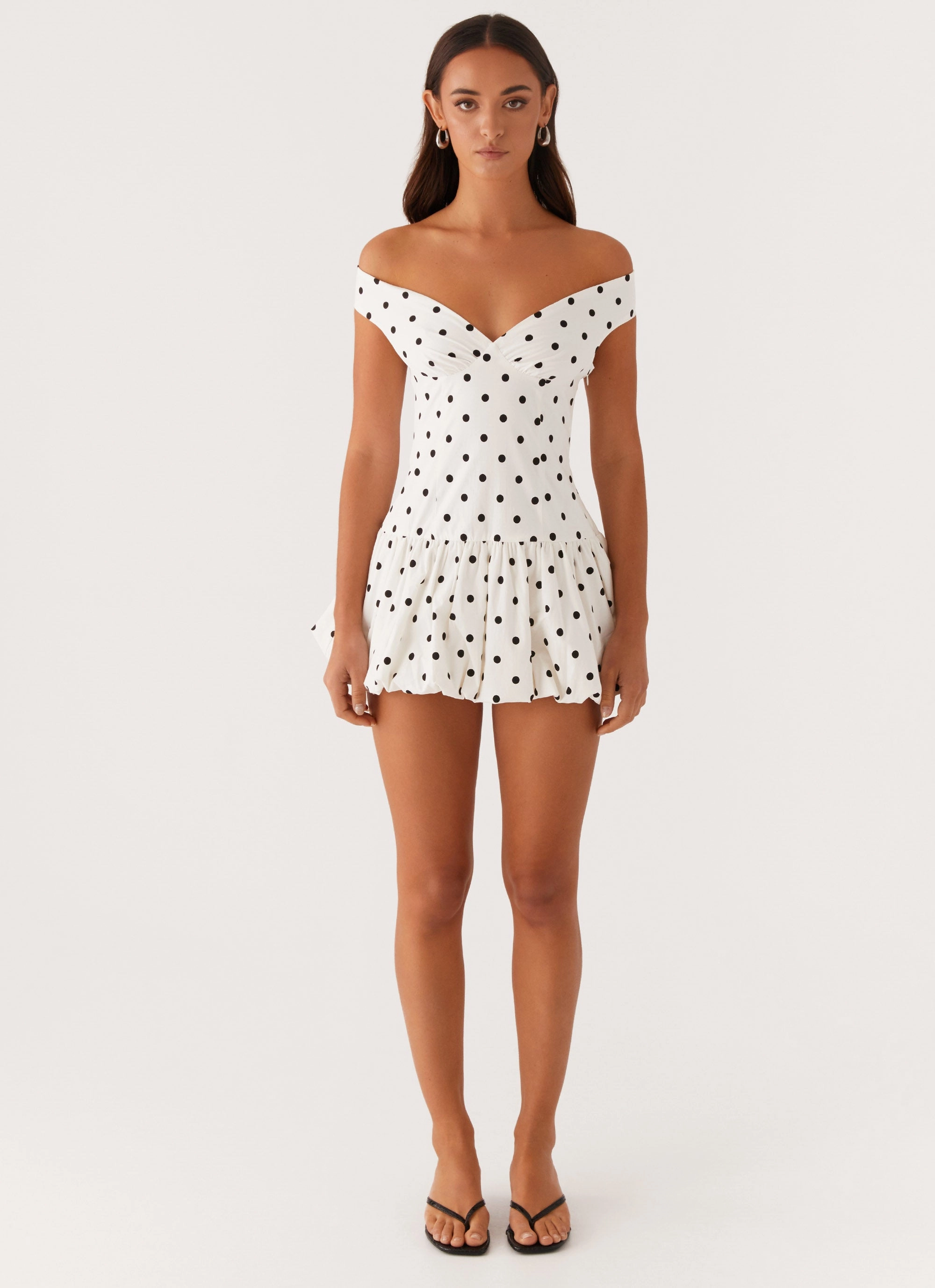 Endless Romance Off Shoulder Mini Dress - White Polka Dot Event Perfect