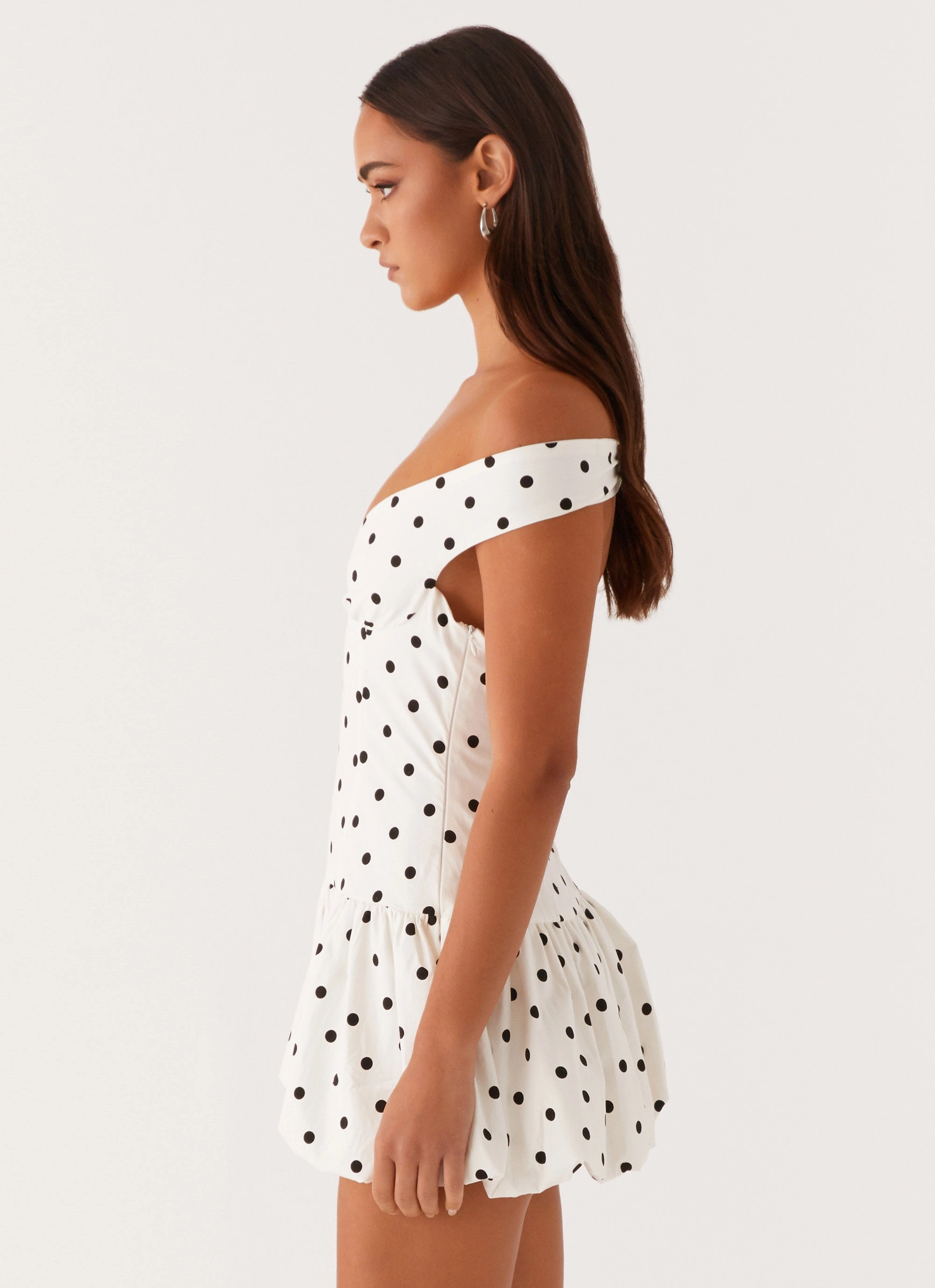 Endless Romance Off Shoulder Mini Dress - White Polka Dot Comfortable and Fashionable