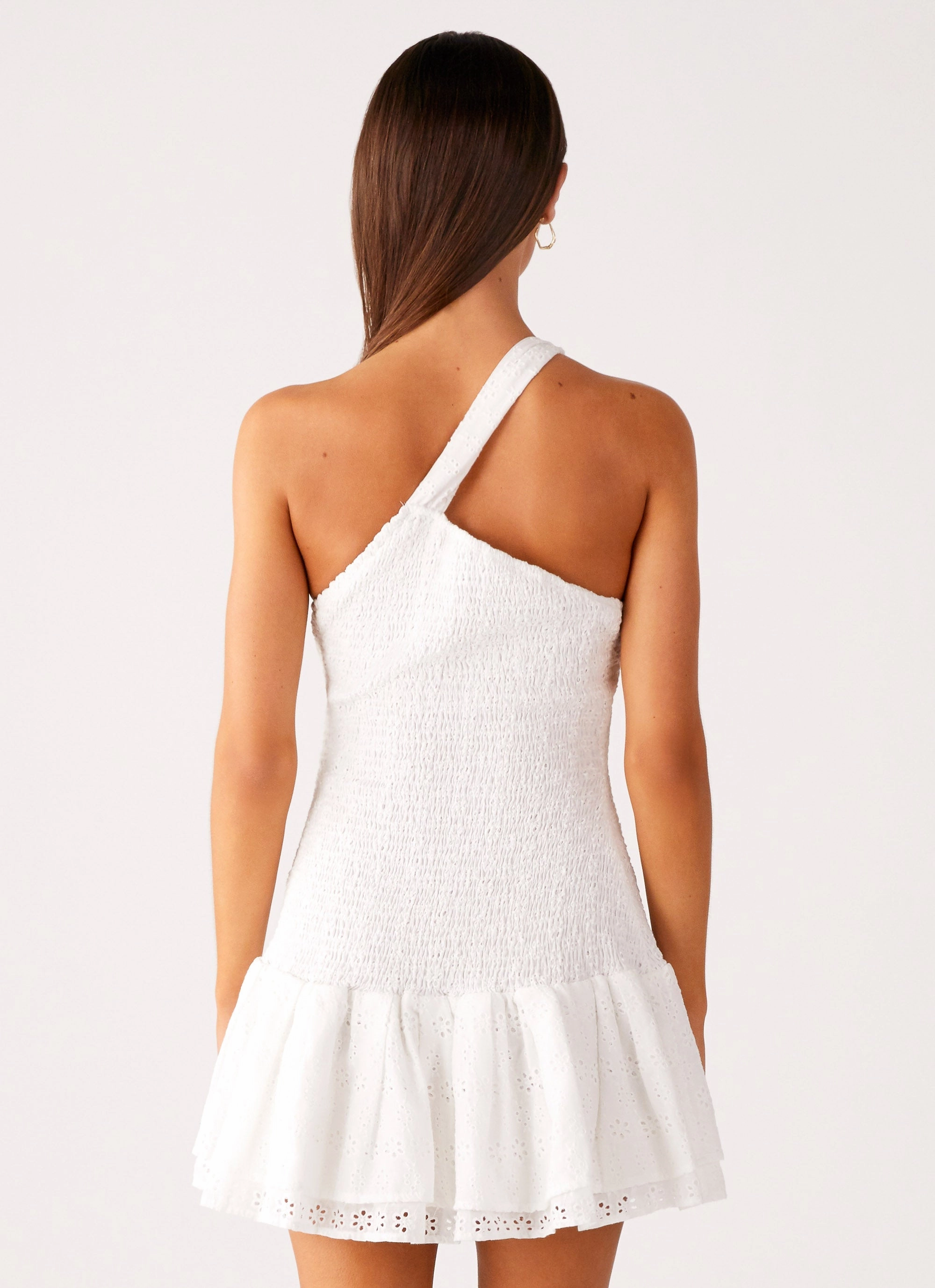 Elegant Charm Applique-Detail Hestia Drop Waist Shirring Mini Dress - White