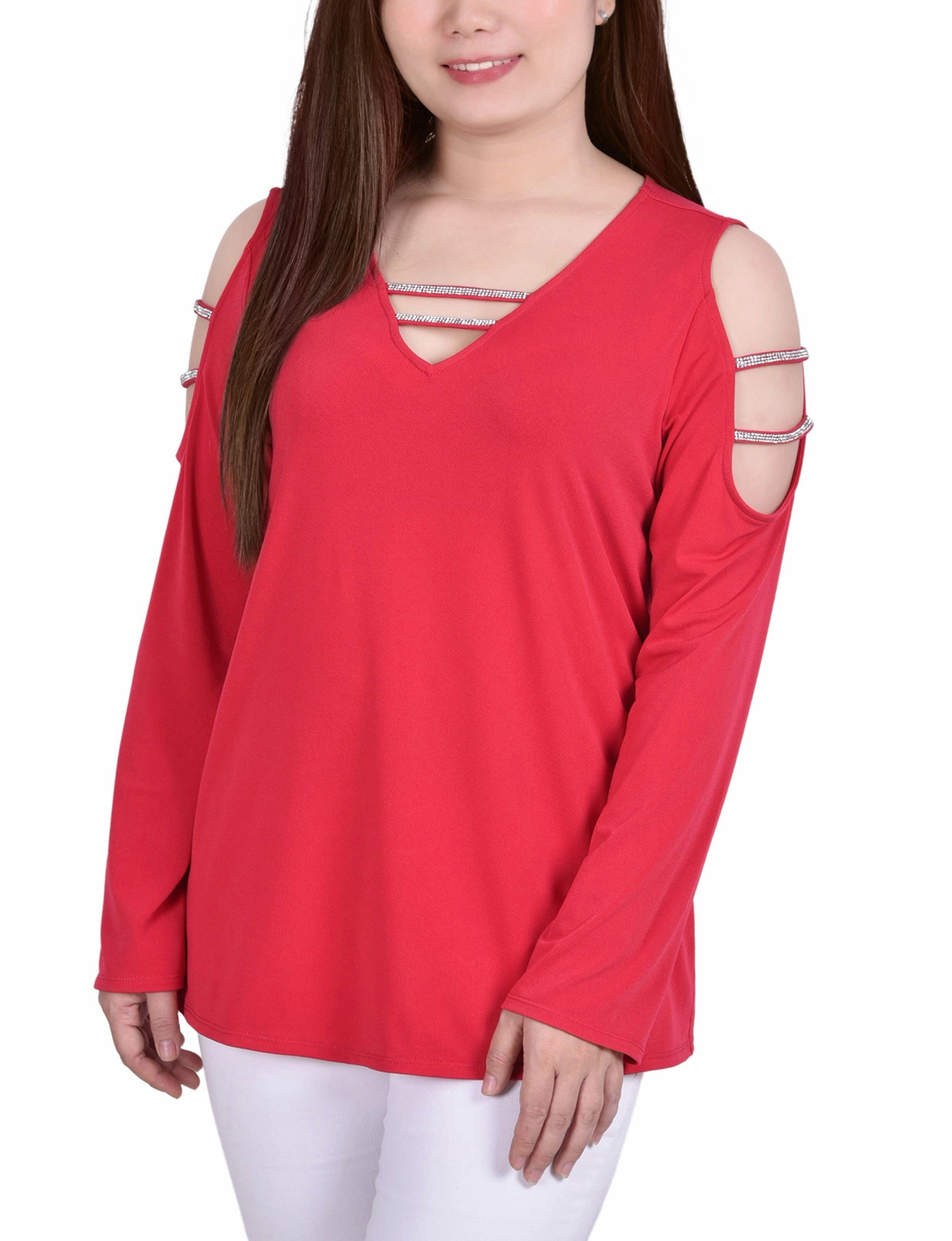 Casual Outfit MoistureWicking Technology Petite Long Sleeve Knit Crepe Rhinestone Top