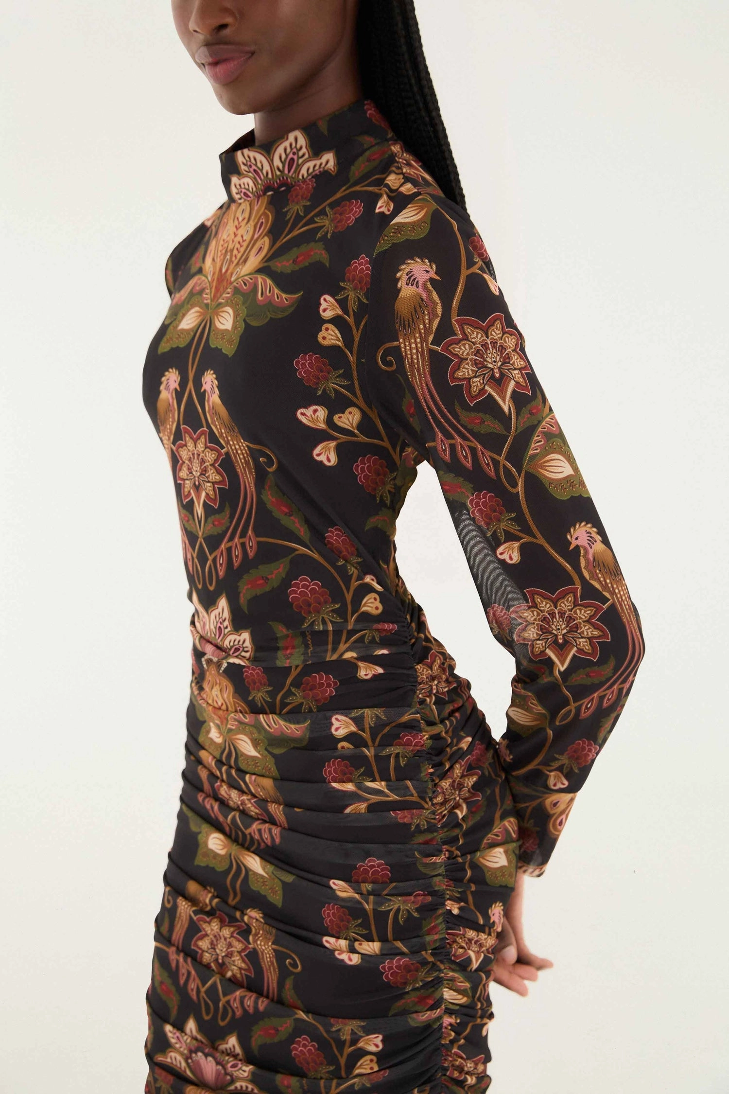 Puff-Sleeve Berry Garden Tulle Midi Dress in Black