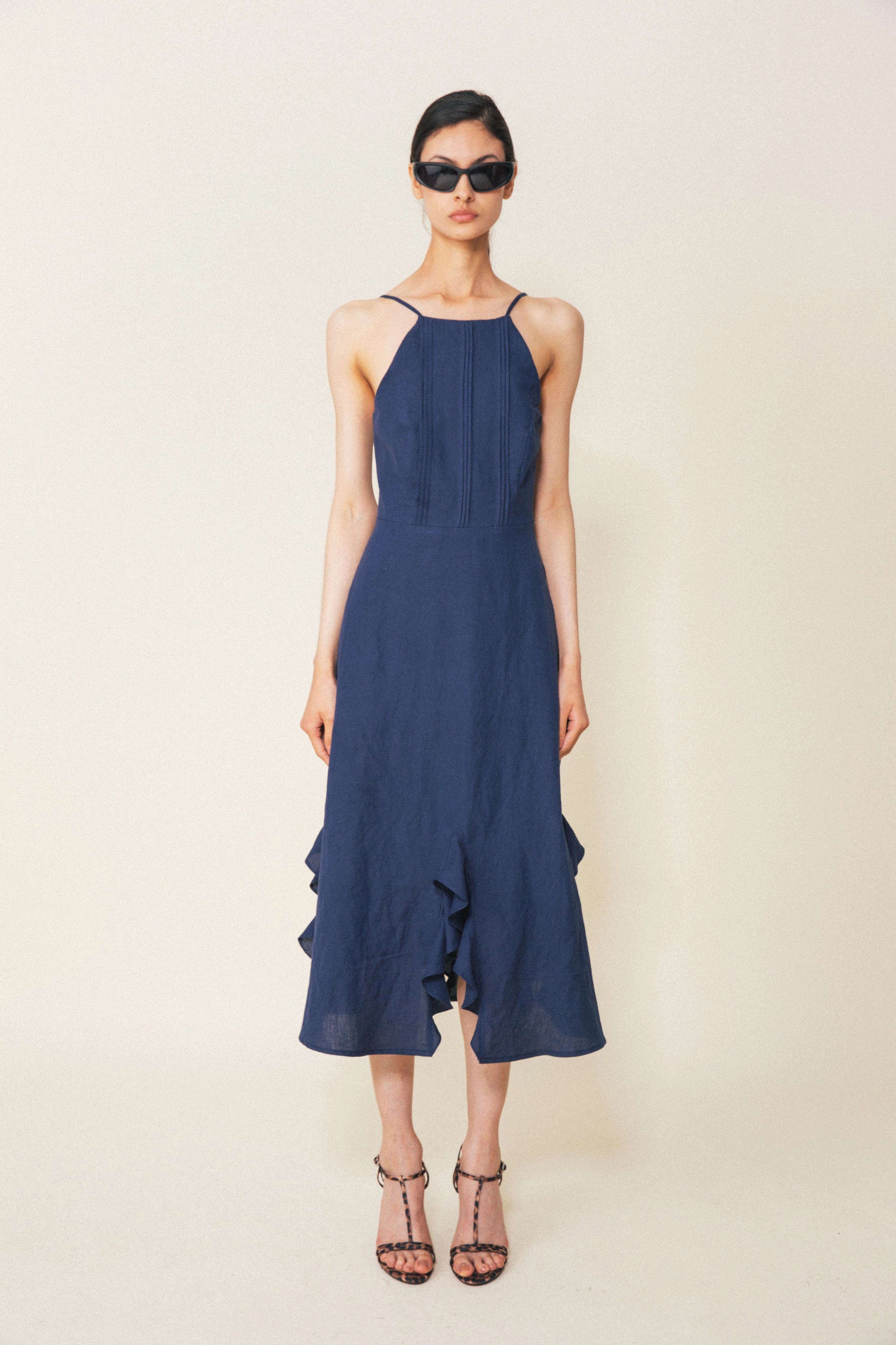 Calypso Halter Ruffle Hem Dress in Navy Shine Dressy