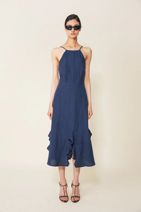 Calypso Halter Ruffle Hem Dress in Navy Knit Cool