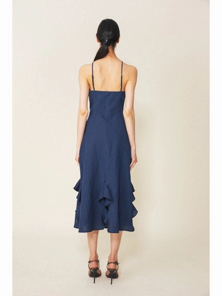 Calypso Halter Ruffle Hem Dress in Navy Practical work-to-play piece