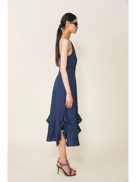 Calypso Halter Ruffle Hem Dress in Navy Sleek Cut