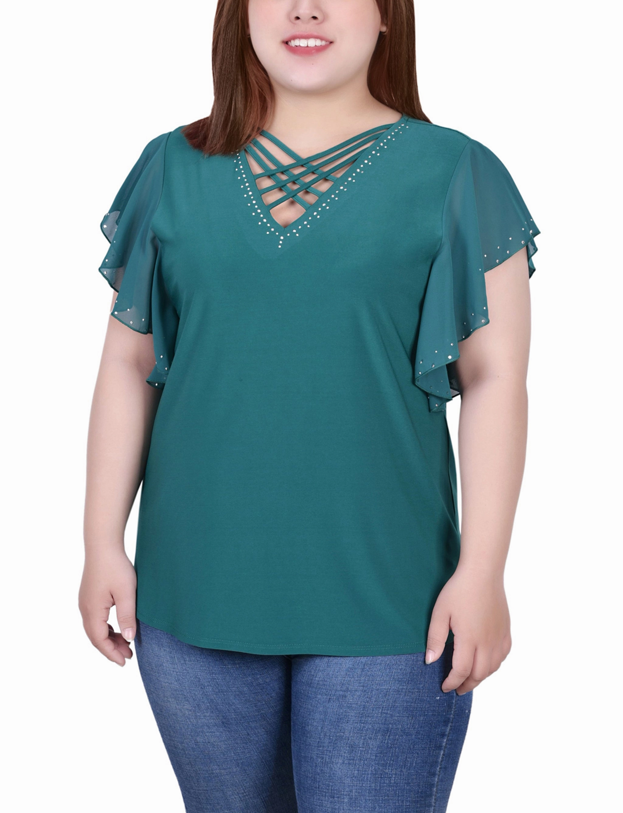 Plus Size Flutter Sleeve Top With Criss Cross Strips Texture Softness Formal-look