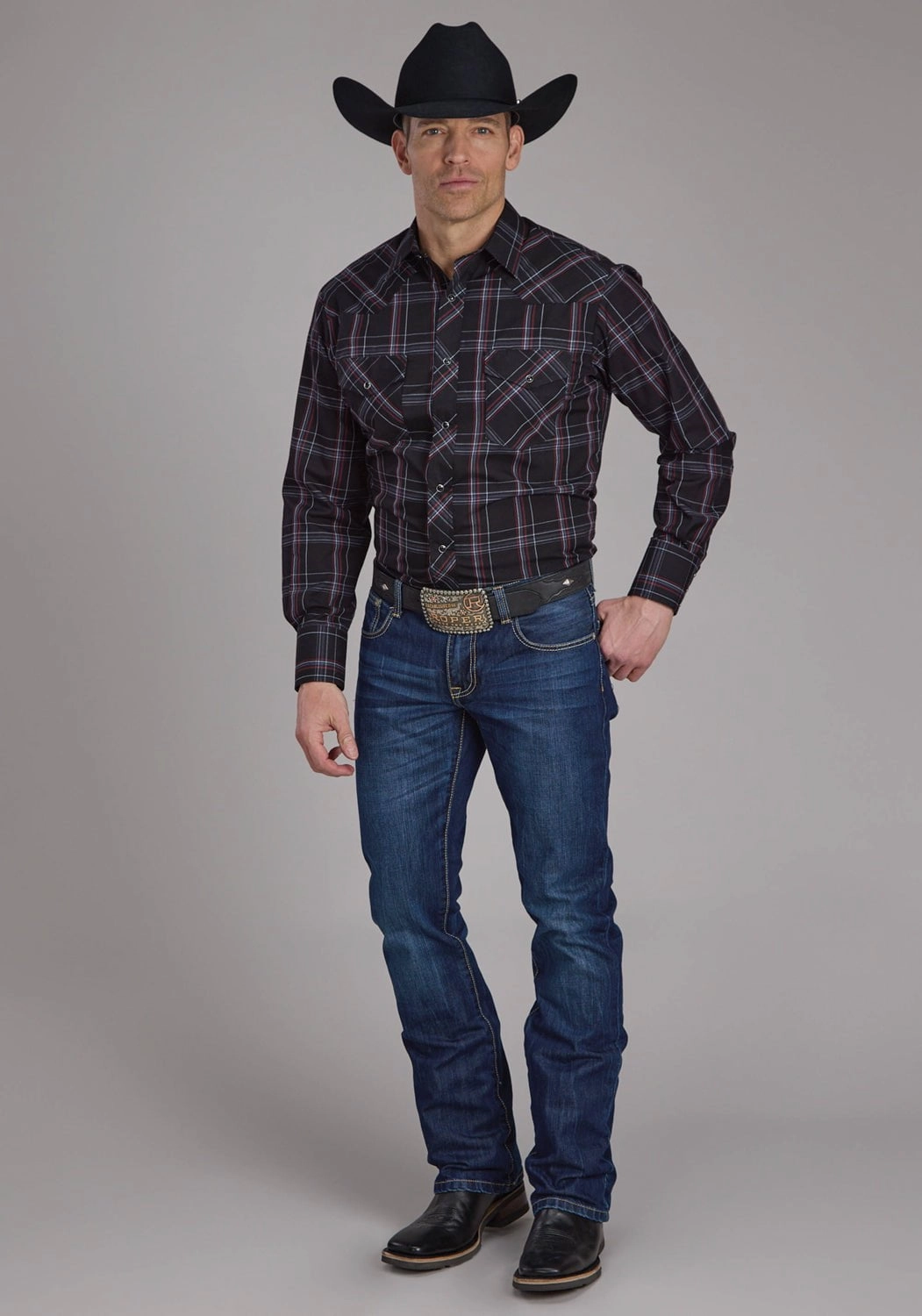 V-neck style Loose Fit Roper Mens 2130 Plaid Black/Grey Cotton Blend L/S Shirt