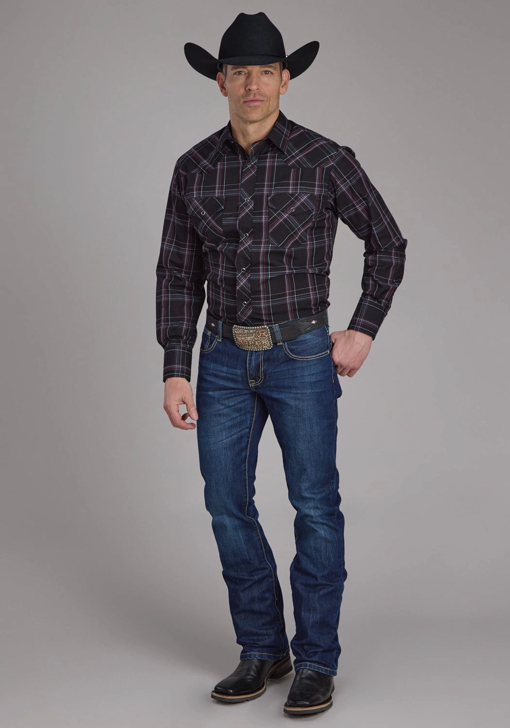 Roper Mens 2130 Plaid Black/Grey Cotton Blend L/S Shirt Designer Touch Flexible Shoulder Panels