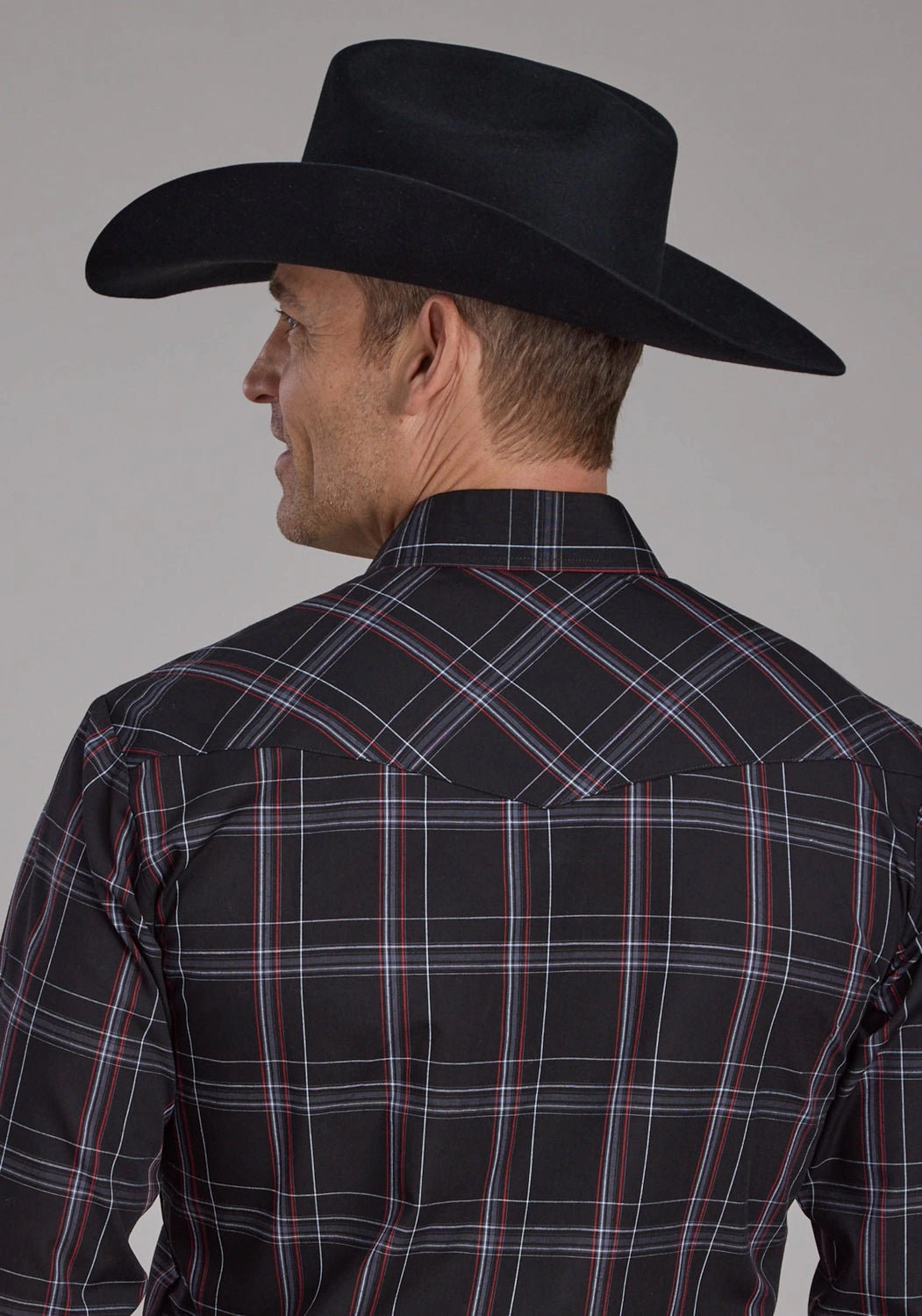 Abrasion resistant Cuffed hem Roper Mens 2130 Plaid Black/Grey Cotton Blend L/S Shirt