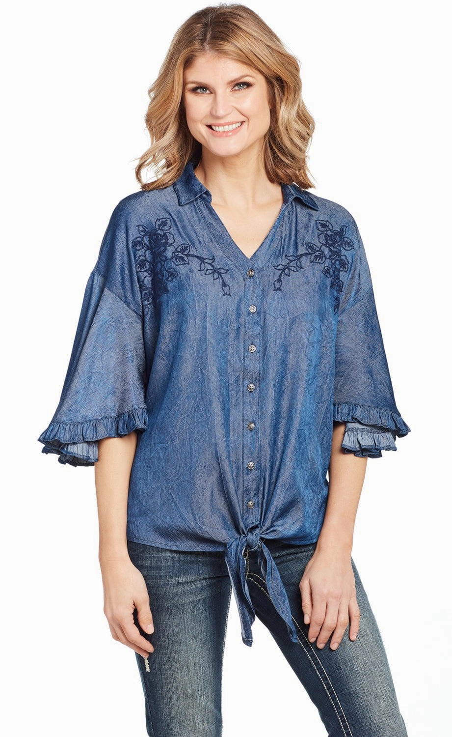 Must-Have Item Cowgirl Up Womens Denim Polyester V-Neck Ruffle Blouse S/S