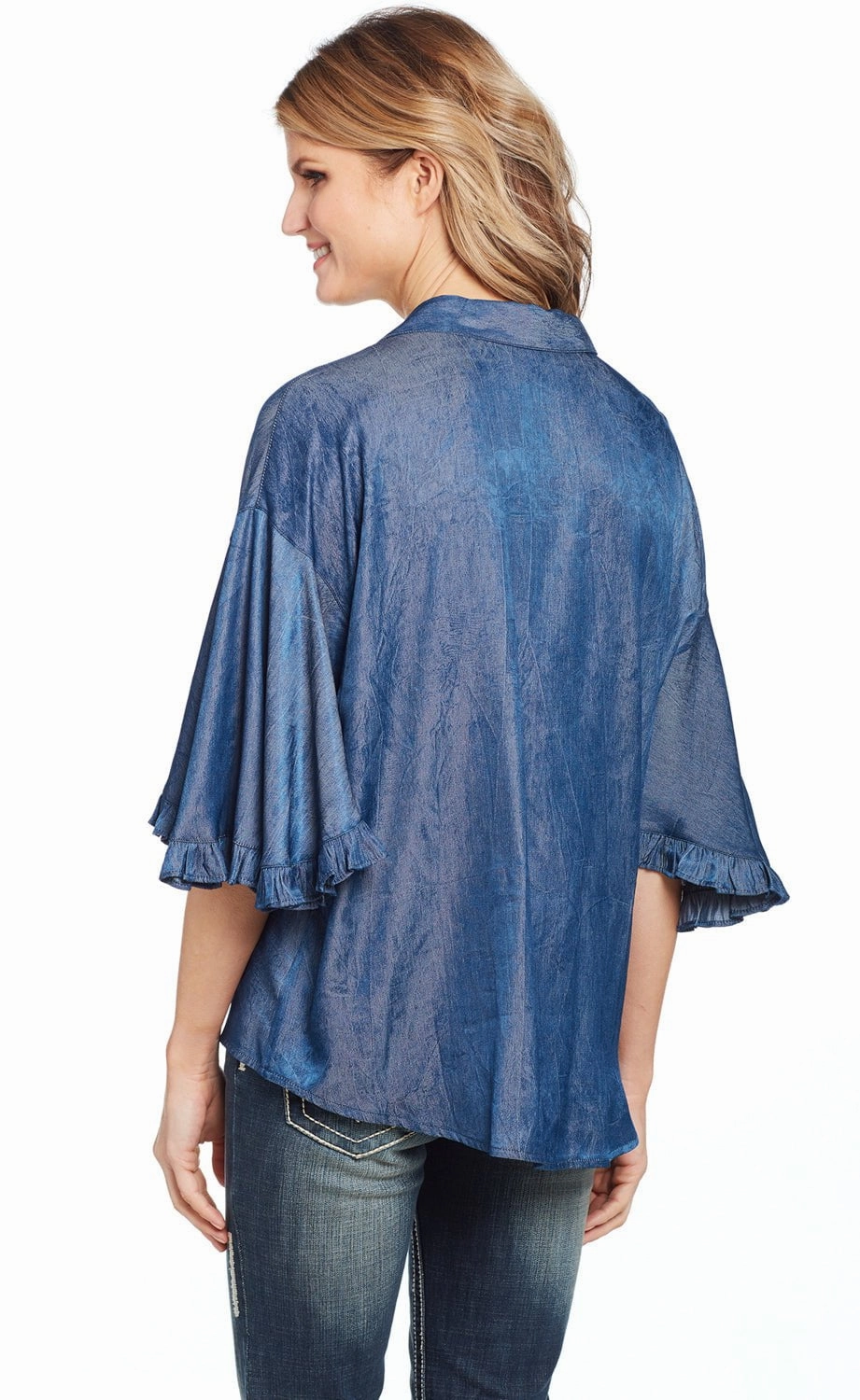Flexible Material Cowgirl Up Womens Denim Polyester V-Neck Ruffle Blouse S/S