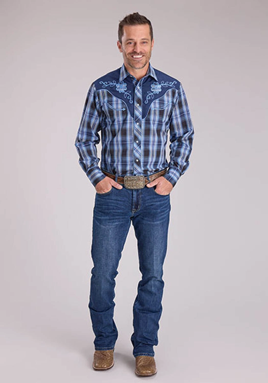 Breathable mesh Roper Mens 2482 Fancy Floral Carolina Blue Cotton Blend L/S Shirt