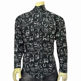 Polished Look Smooth zipper closure Rockmount Mens Hat and Horseshoe Cards Black 100% Cotton L/S Shirt